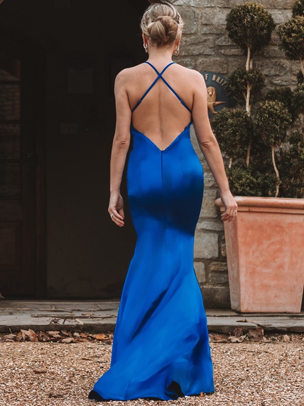 A-line V-neck Sleeveless Sweep / Brush Train Evening Gown With Ruffles 3