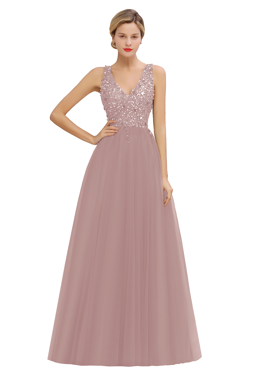 A-line V-neck Sleeveless Floor-length Tulle Evening Gown With Beading 11