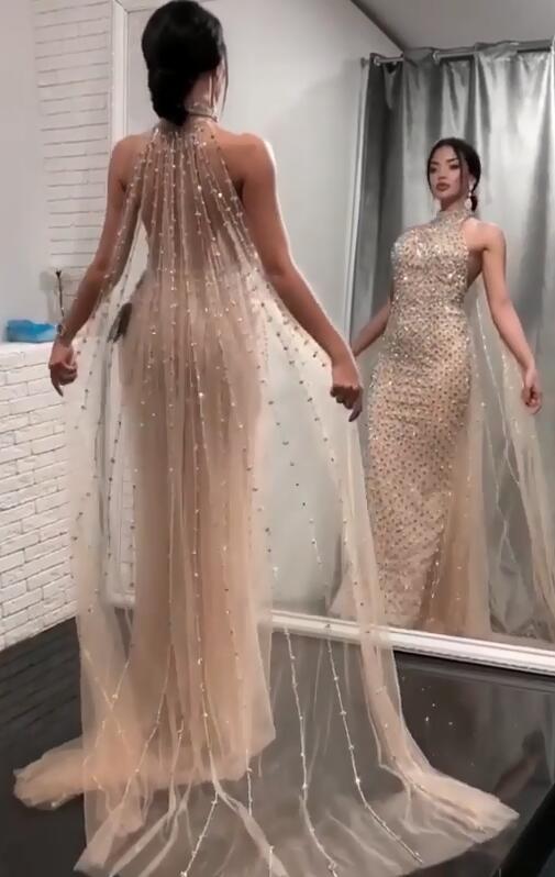 Column Halter-neck Sleeveless Sweep / Brush Train Formal Dress With Crystal 2