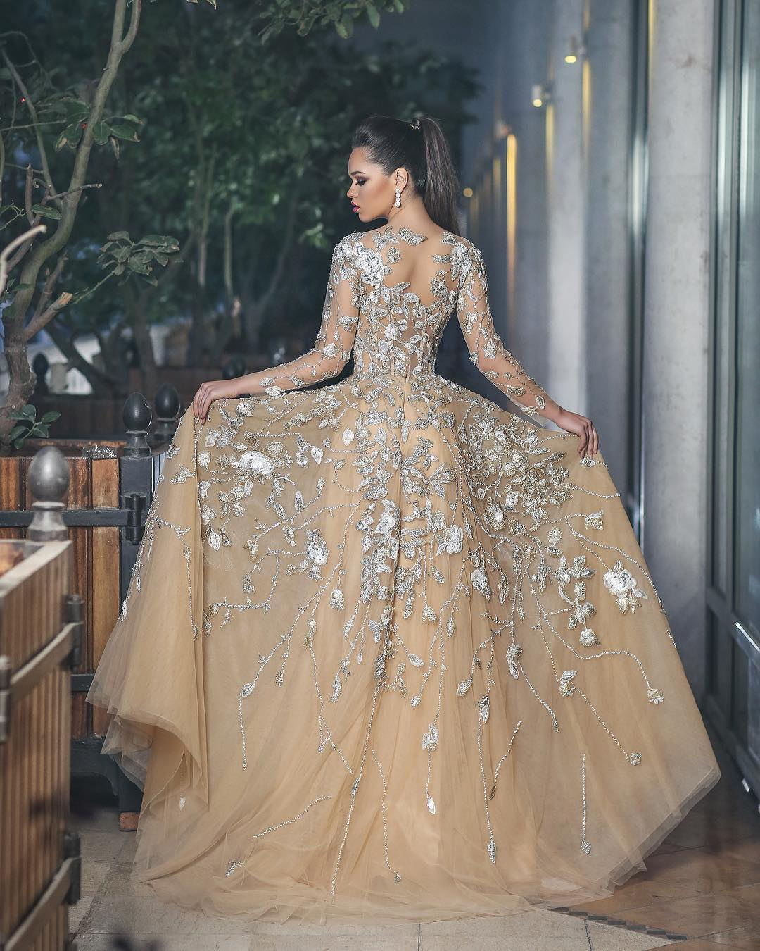 Long Sleeve Evening Dress Tulle With Lace Appliques -  and  Style 2