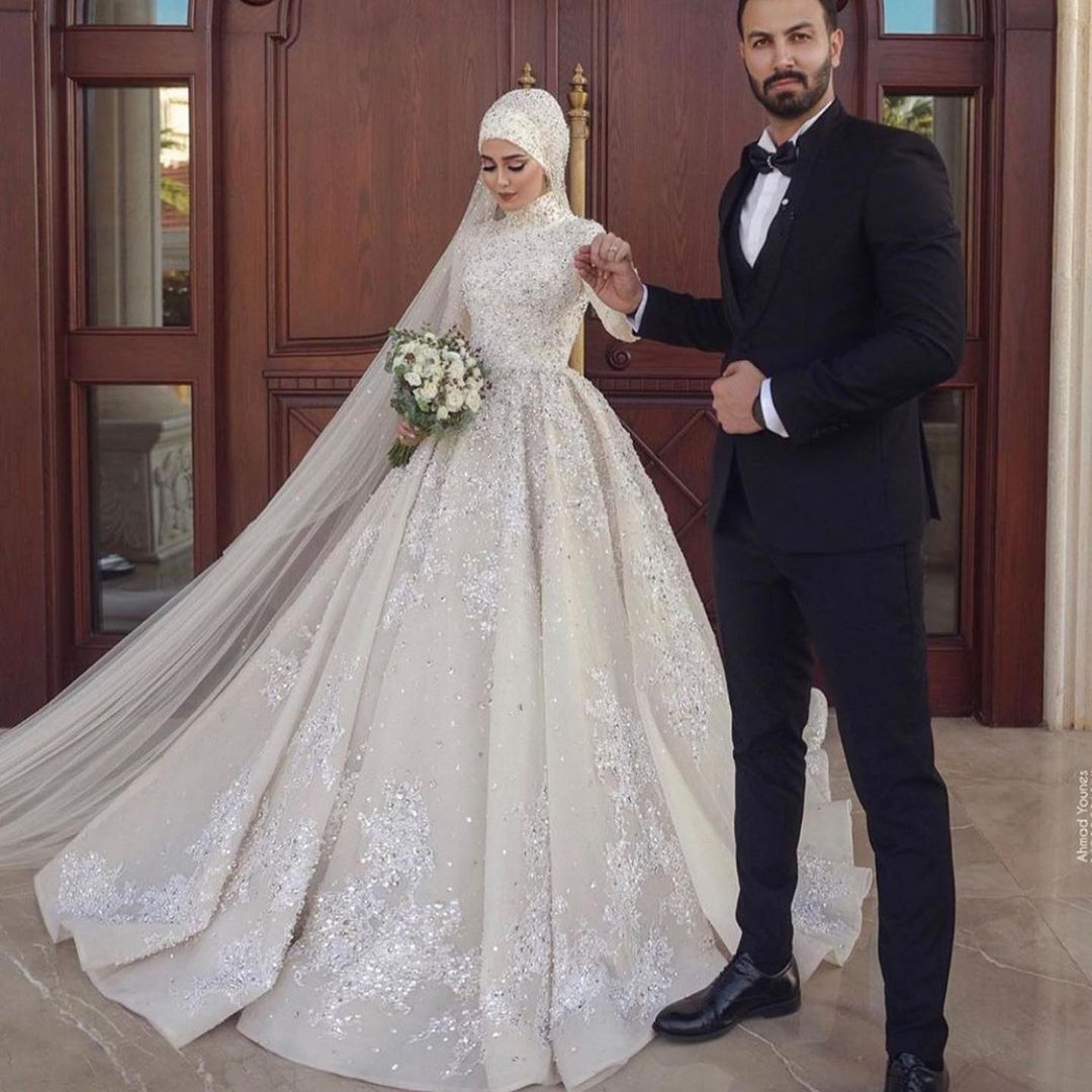 A-line High Neck Long Sleeves Sweep / Brush Train Satin Bridal Gown With Sequins 5