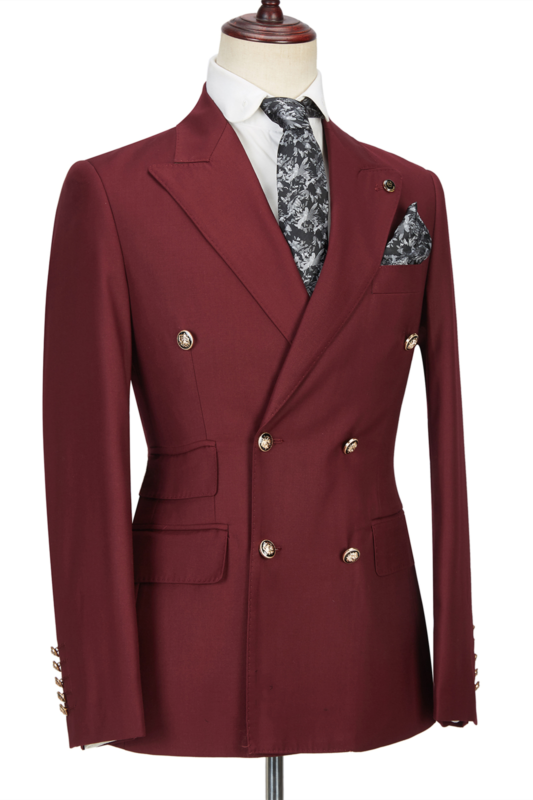 Burgundy Double Breasted Men's Formal Suit with Peak Lapel 3
