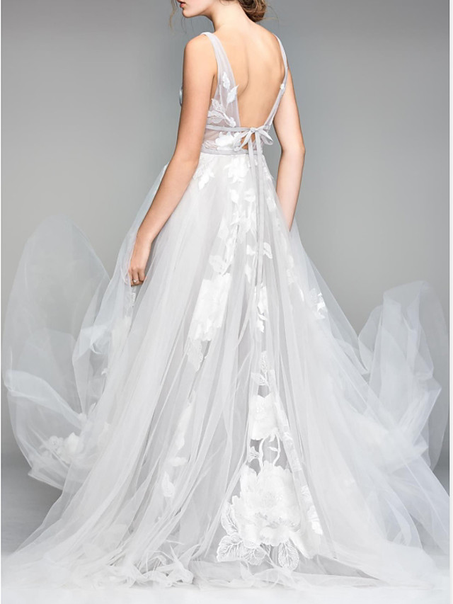 A-line V-neck Sleeveless Floor-length Lace Bridal Attire With Lace 2