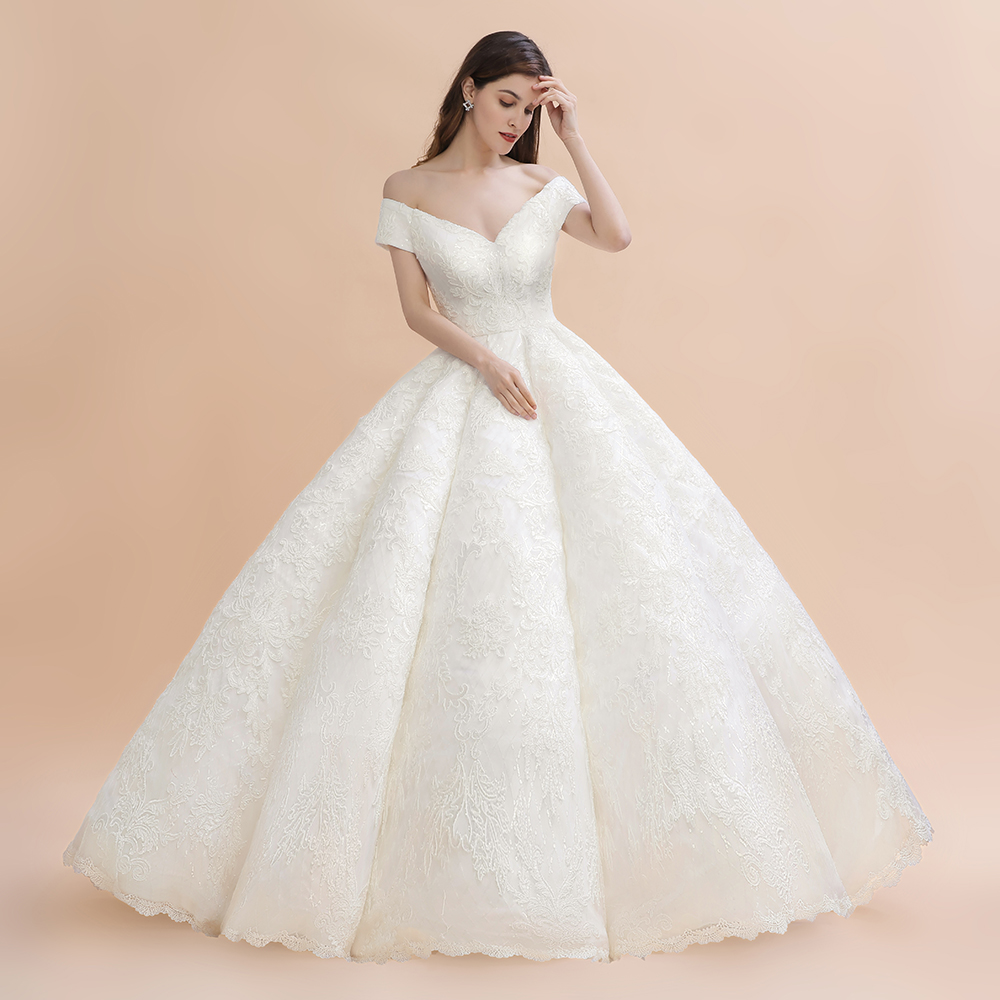 Ball Gown Off-the-shoulder Cap Sleeves Sweep / Brush Train Hard Net Wedding Gown With Appliques 3
