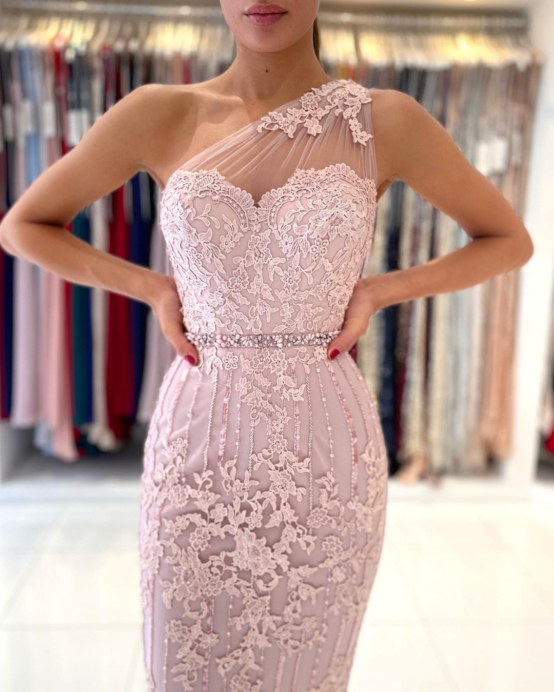 Mermaid One Shoulder Sleeveless Knee-length Lace Cocktail Party Gown With Beading 6