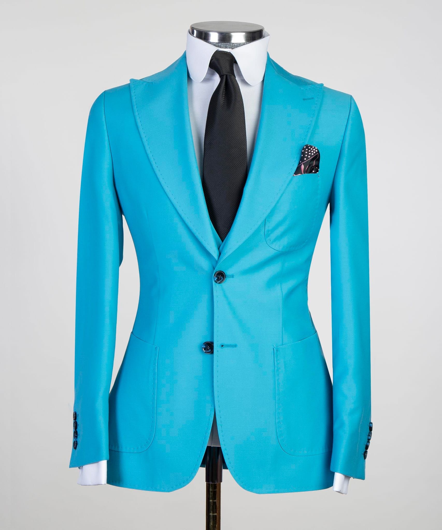 Blue Close Fitting Business Suit with Peaked Lapel 5