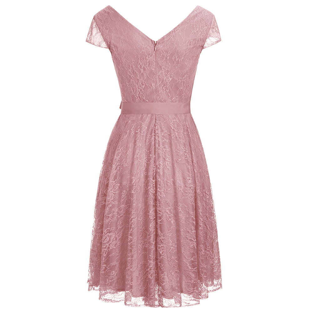 A-line V-neck Short Sleeves Knee-length Lace Bridesmaid Dress With Ribbons 4