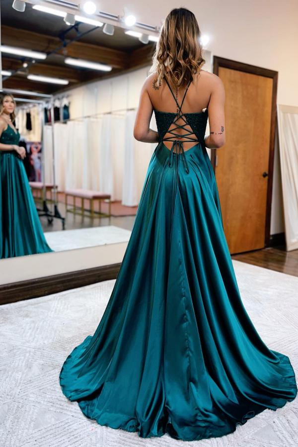 A-line Spaghetti Straps Sleeveless Floor-length Stretch Satin Evening Dress With Ruffles 4