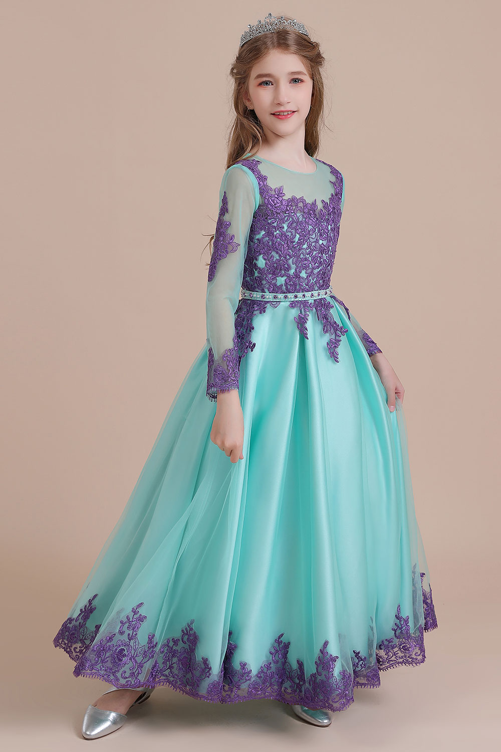 A-line Jewel Neck Long Sleeves Ankle-length Tulle Flower Girl Dress With Rhinestone 7