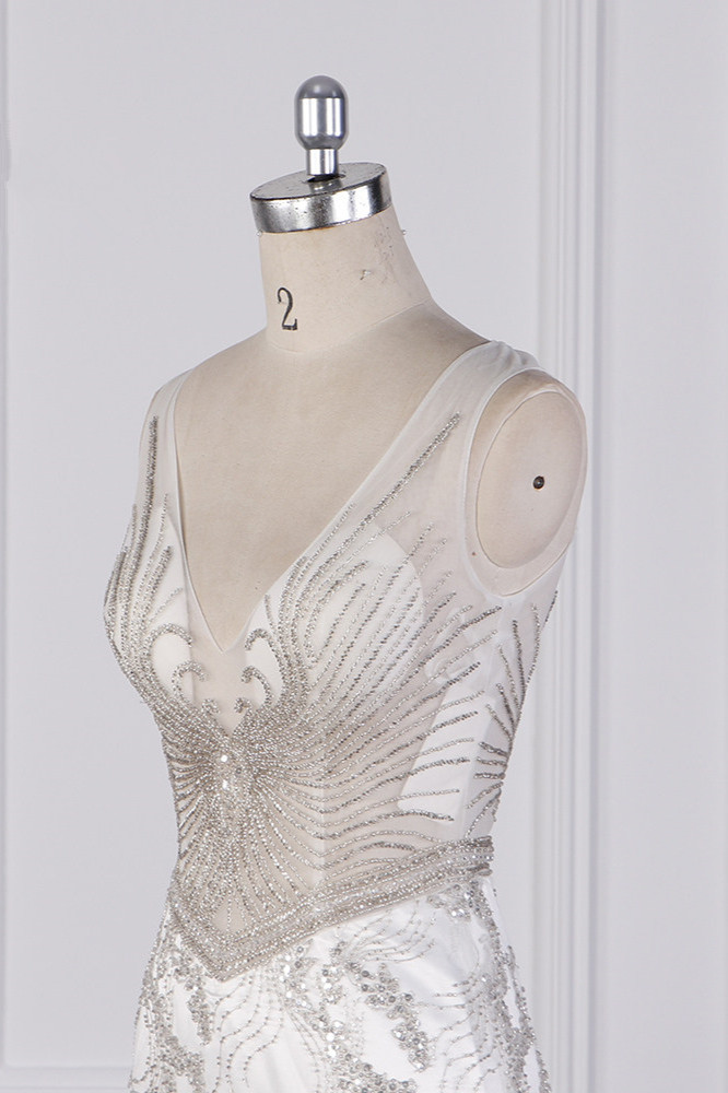 Column V-neck Sleeveless Floor-length Tulle Bridal Attire With Beading 5