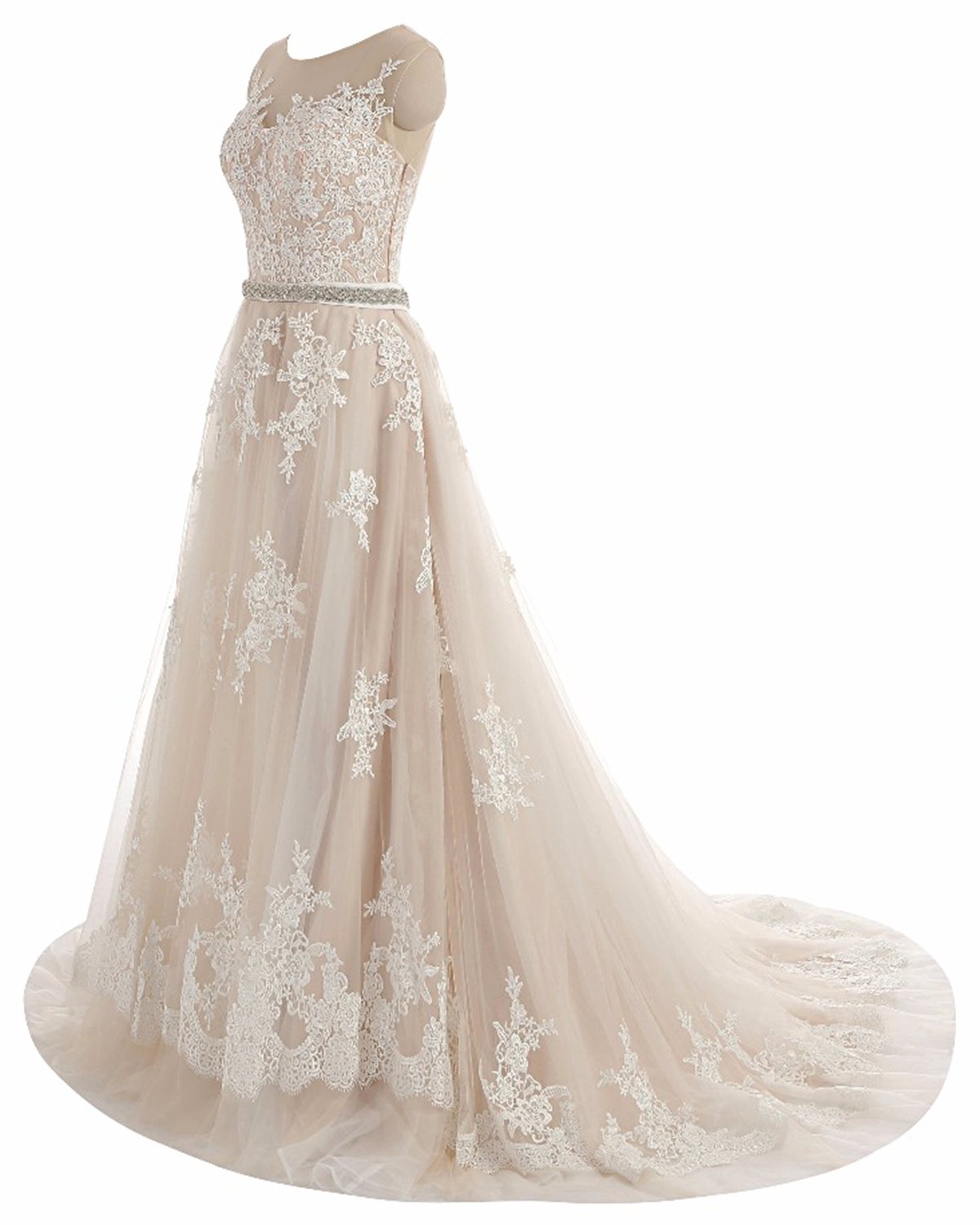 A-line Jewel Neck Sleeveless Floor-length Tulle Wedding Gown With Lace 2