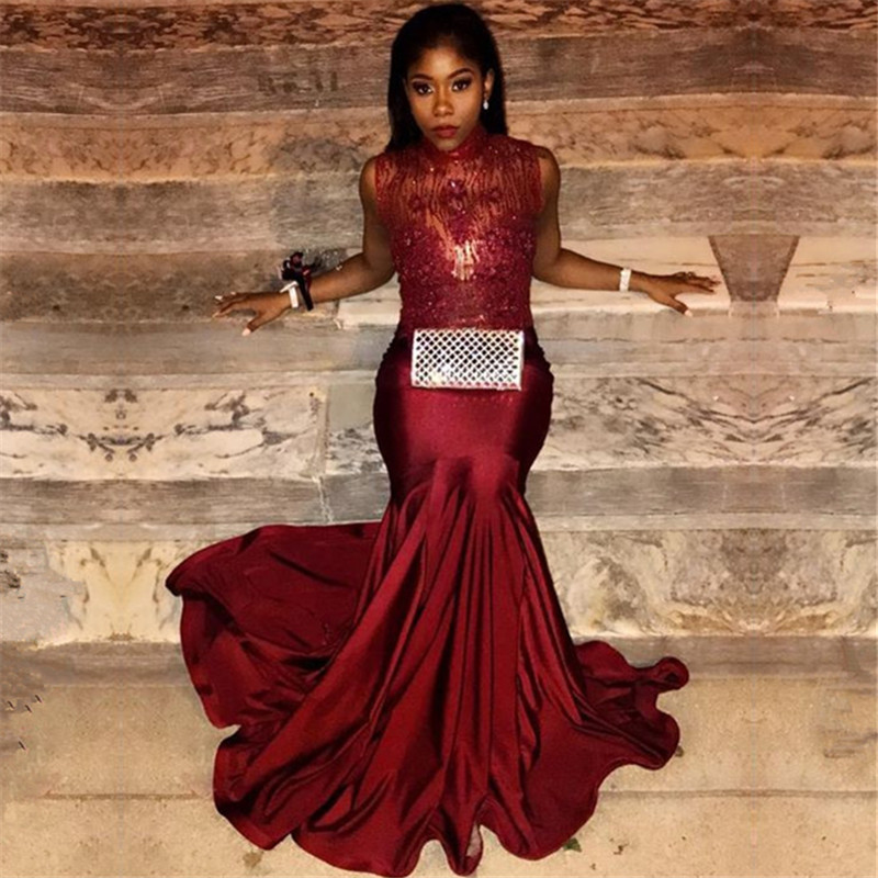 Mermaid High Neck Sleeveless Stretch Satin Evening Dress With Court Train 2