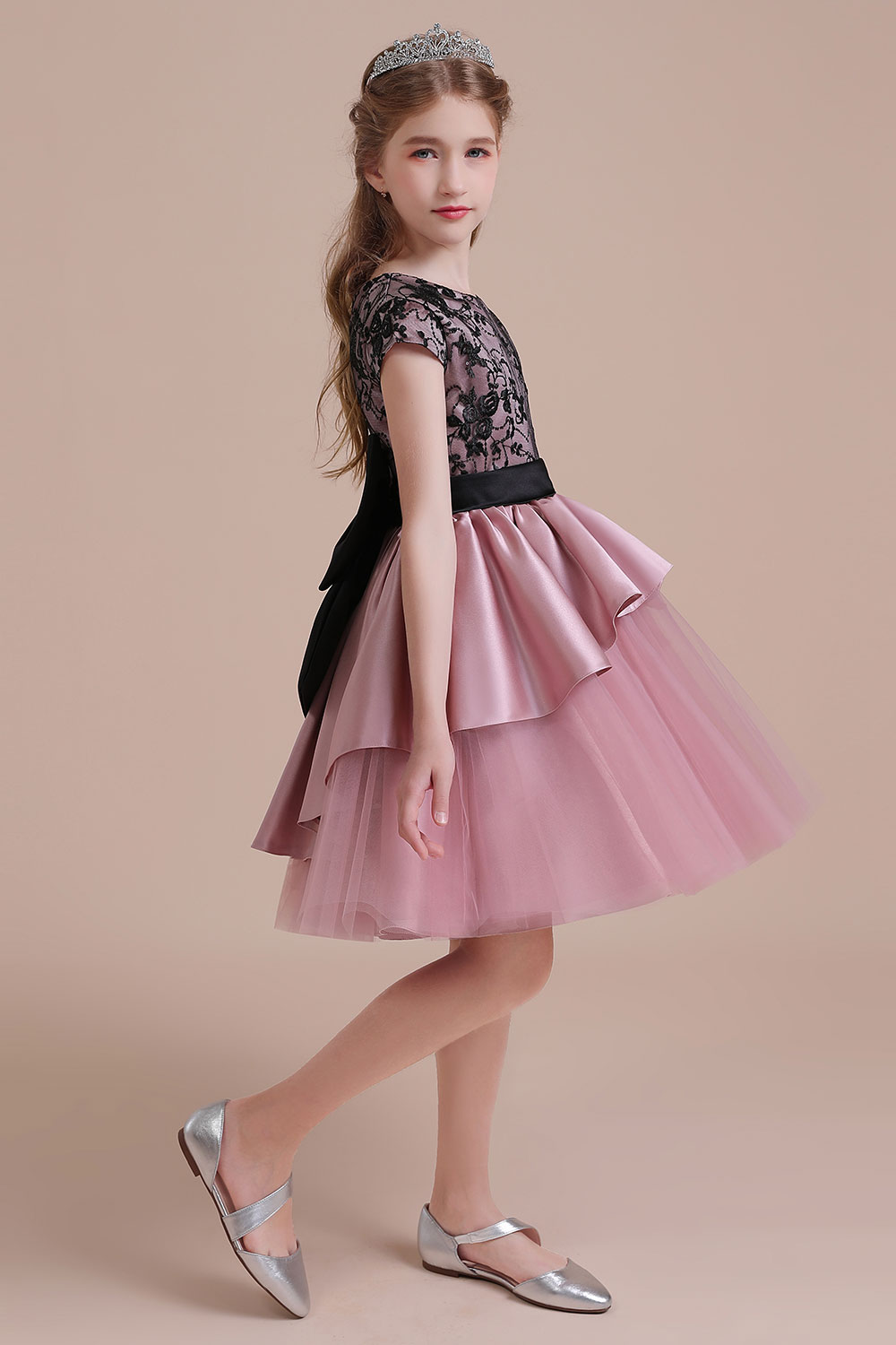 A-line Jewel Neck Short Sleeves Knee-length Satin Flower Girl Dress With Lace 6
