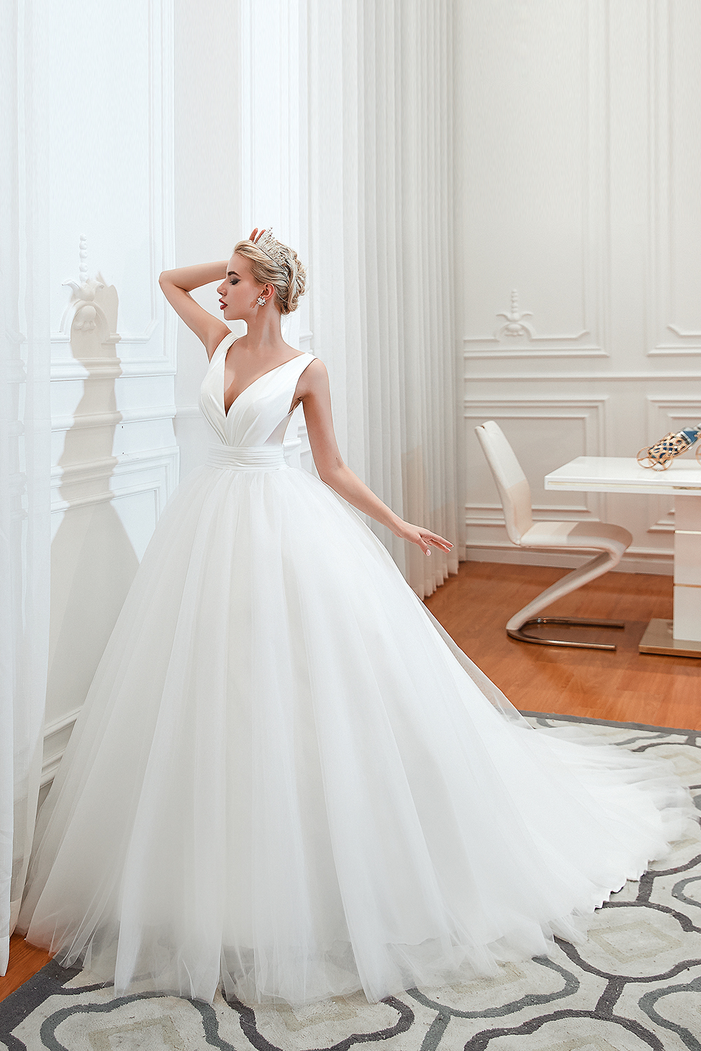 V-neck Sleeveless Cathedral Train Satin Bridal Gown With Ruffles 3