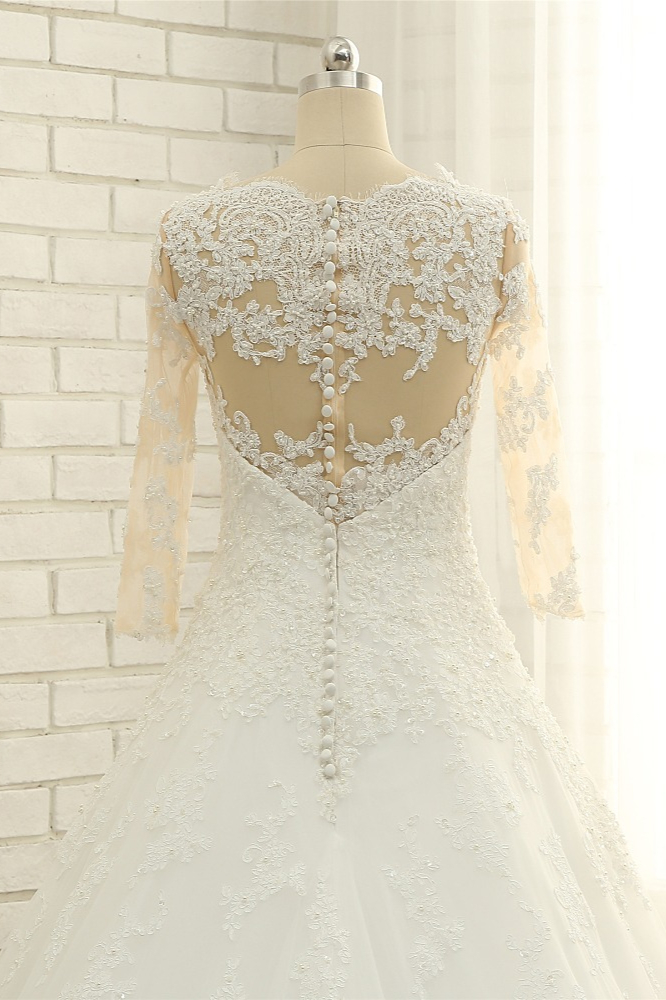A-line Jewel Neck Half-Sleeves Court Train Wedding Gown With Lace 2