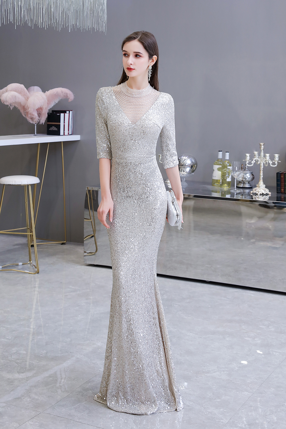 Mermaid Jewel Neck Half-Sleeves Sweep / Brush Train Tulle Evening Gown With Beading 5