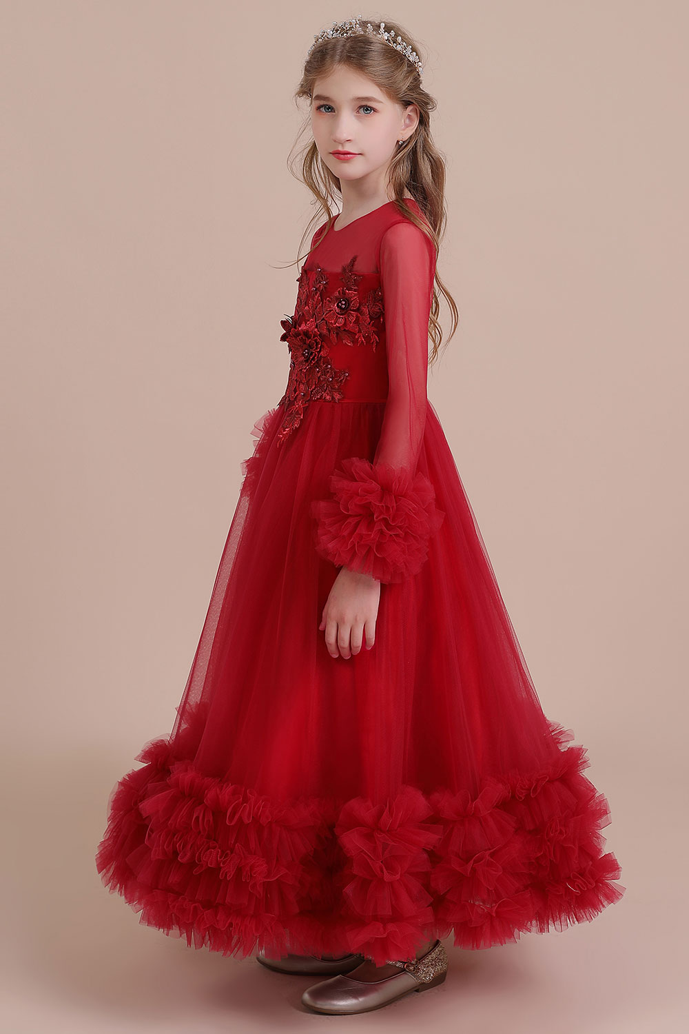 A-line Jewel Neck Long Sleeves Ankle-length Tulle Flower Girl Dress With Cascading Ruffle 5