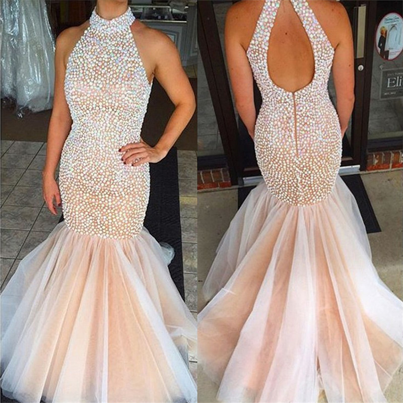 Mermaid High Neck Sleeveless Sweep / Brush Train Tulle Evening Dress With Crystal 2