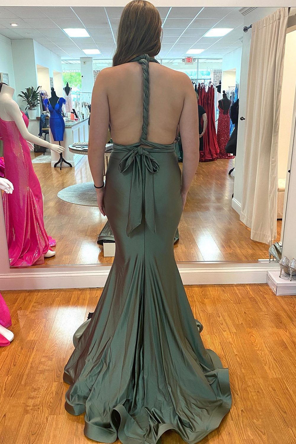 Mermaid Plunging Neckline Sleeveless Floor-length Stretch Satin Evening Dress With Bow 3