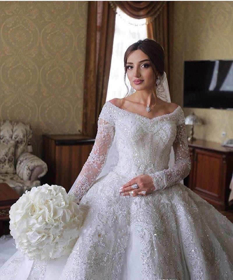 A-line Off-the-shoulder Long Sleeves Cathedral Train Lace Wedding Gown With Crystal 6