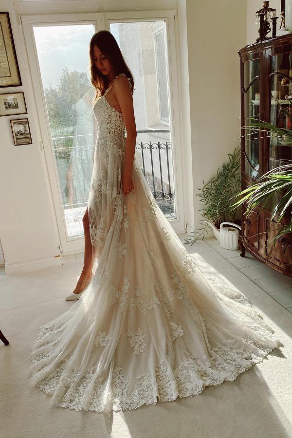 Ethereal Floral Lace A-Line Wedding Gown with High Slit 4