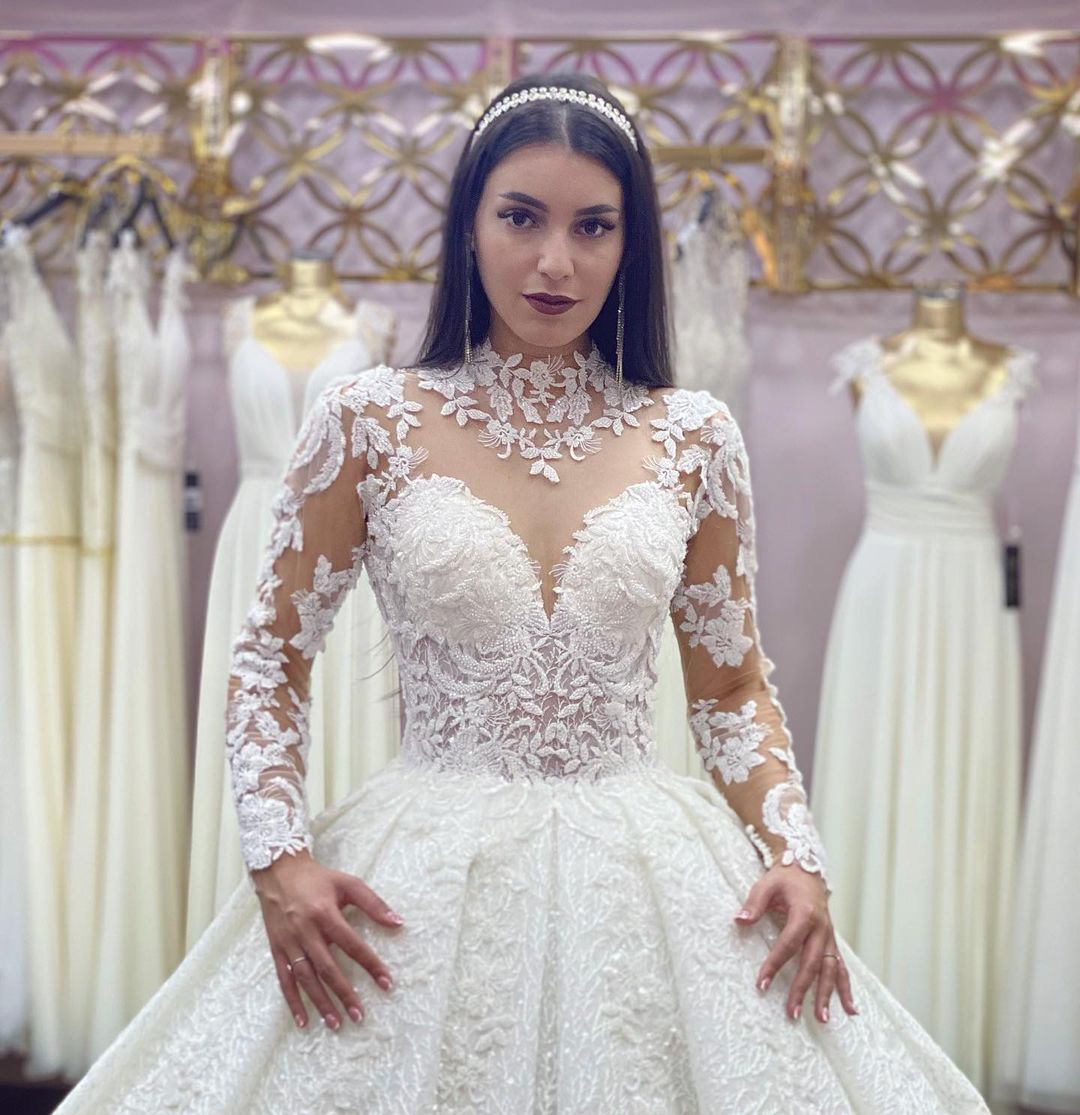 A-line Jewel Neck Long Sleeves Chapel Train Lace Bridal Dress With Lace 3