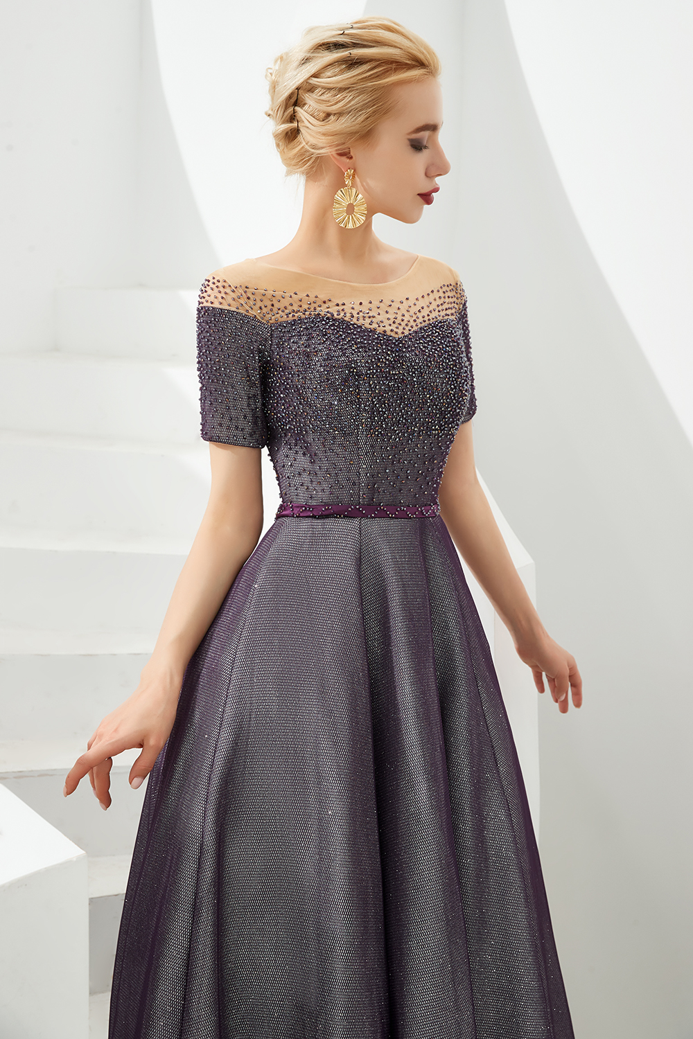 A-line Jewel Neck Short Sleeves Sweep / Brush Train Bright silk Evening Gown With Rhinestone 5