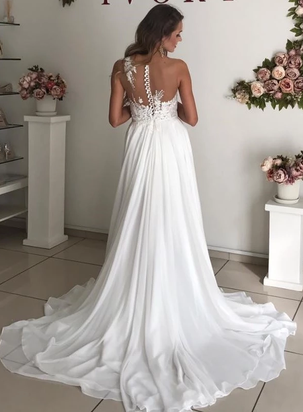 A-line Strapless Sleeveless Floor-length 100D Chiffon Wedding Dress With Appliques 2