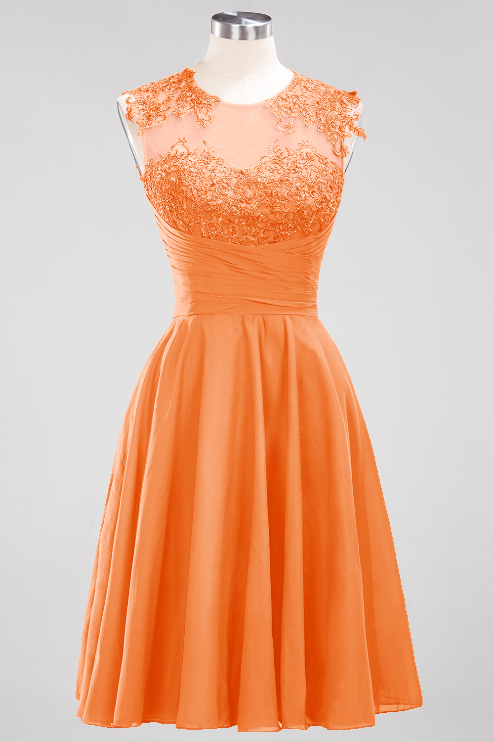 A-line Jewel Neck Sleeveless Knee-length 100D Chiffon Bridesmaid Dress With Appliques 17