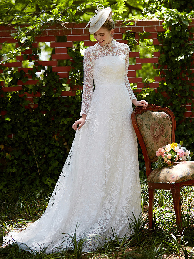 A-line Long Sleeves Court Train Lace Bridal Gown With Lace 8