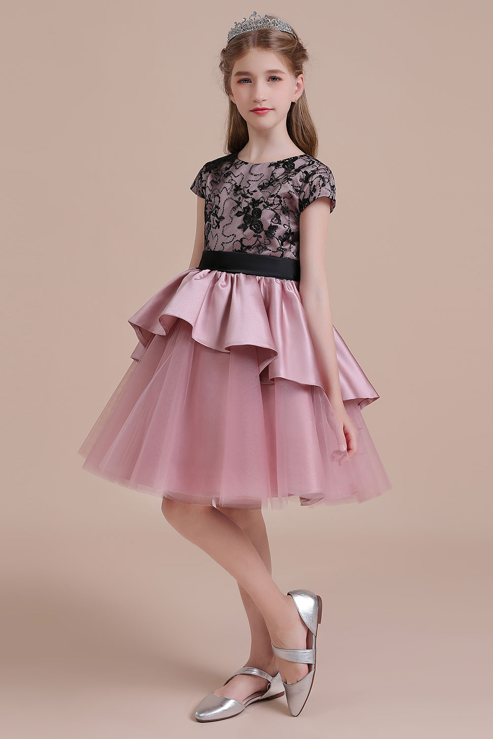 A-line Jewel Neck Short Sleeves Knee-length Satin Flower Girl Dress With Lace 5