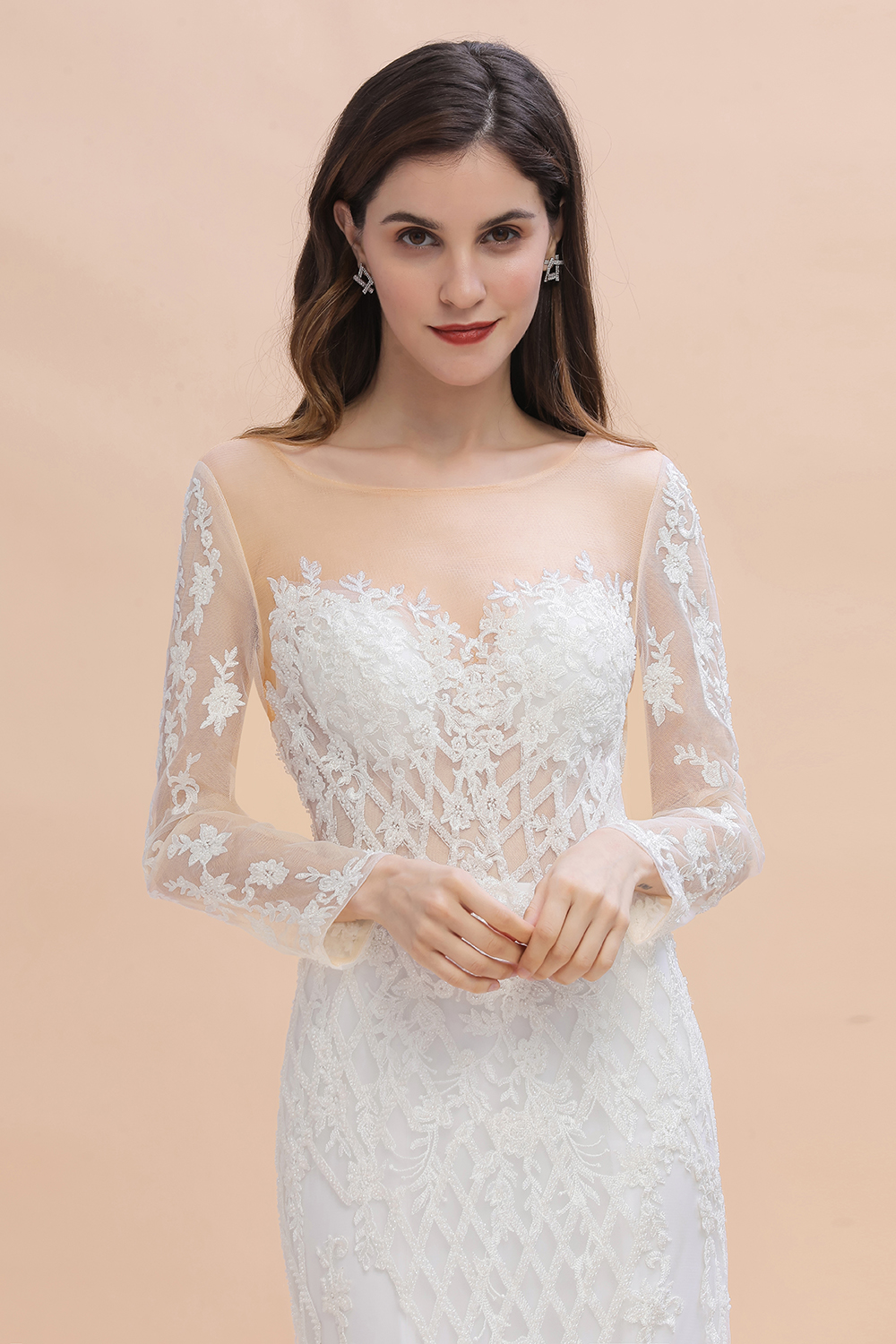 Mermaid Jewel Neck Long Sleeves Chapel Train Tulle Wedding Gown With Lace 8