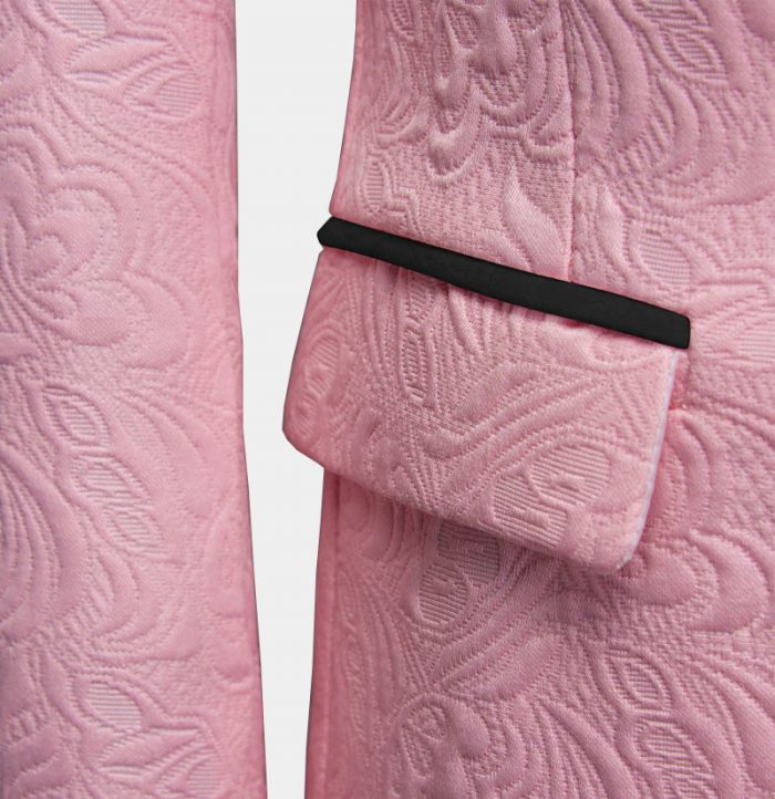 Pink Jacquard Prom Suit with Black Lapel 4