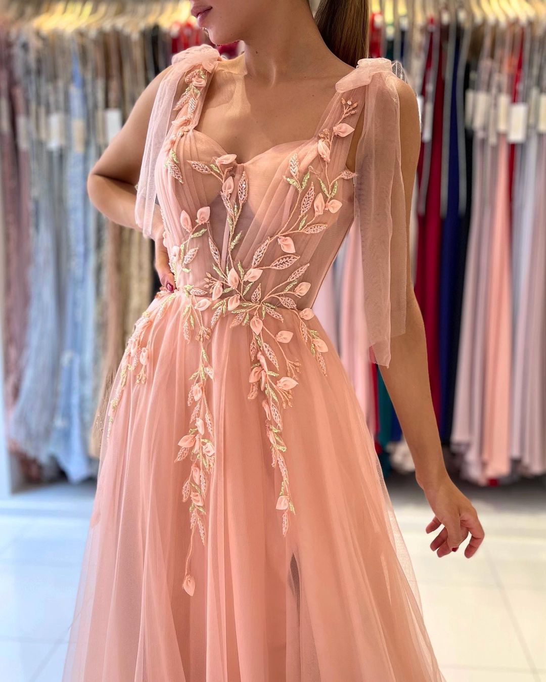 A-line Spaghetti Straps Sleeveless Floor-length Tulle Evening Dress With Lace 4