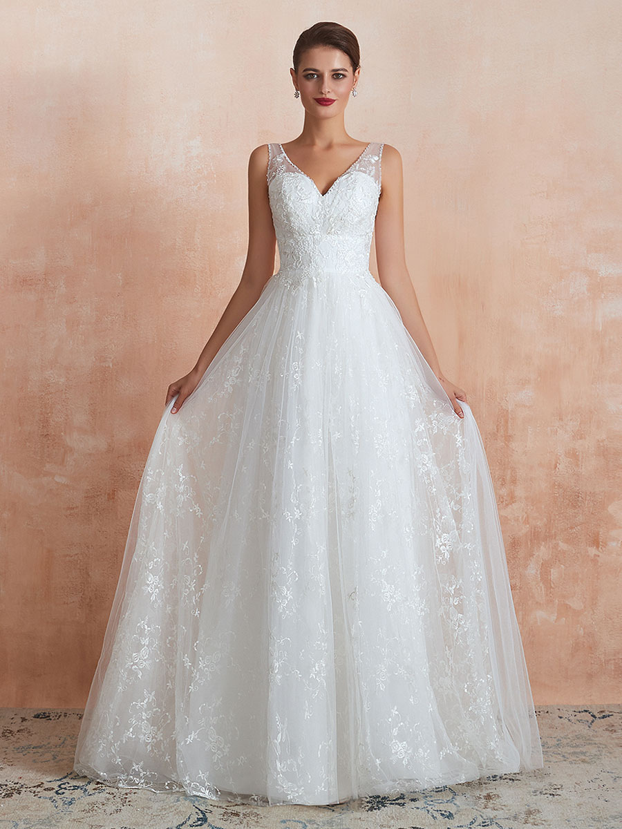 A-line V-neck Sleeveless Floor-length Lace Bridal Dress With Lace 3