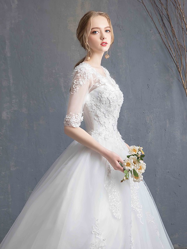 Ball Gown Scoop Neck Half-Sleeves Chapel Train Lace Bridal Gown With Lace 12