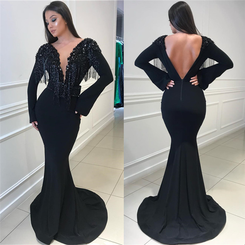 Mermaid Plunging Neckline Sweep / Brush Train Evening Gown With Beading 4