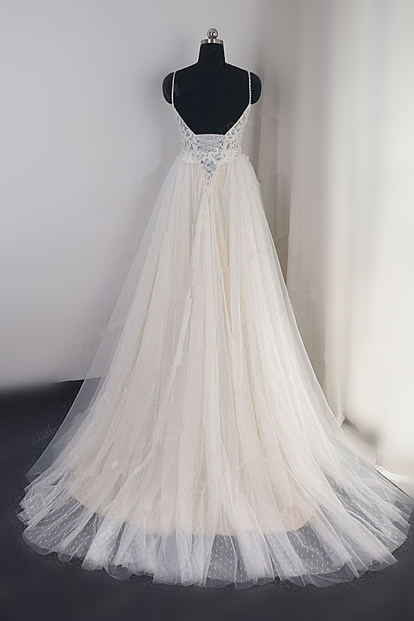 Mermaid Spaghetti Straps V-neck Sleeveless Floor-length Tulle Bridal Dress With Ruffles 2