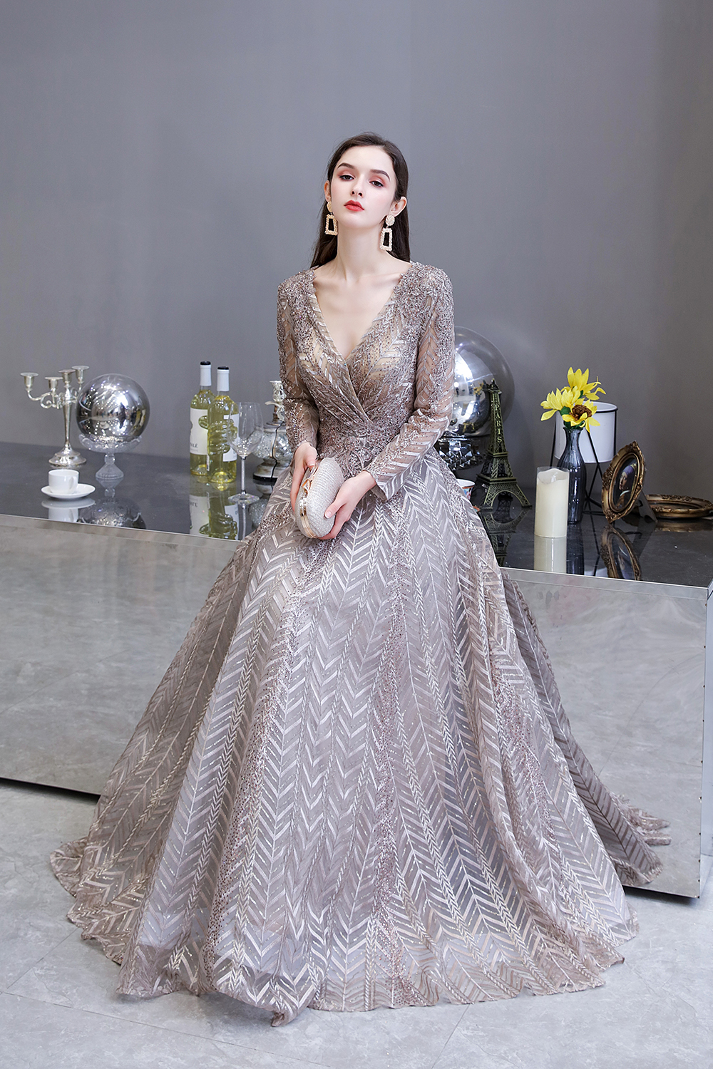 A-line V-neck Long Sleeves Sweep / Brush Train Lace Evening Dress With Pearls 15