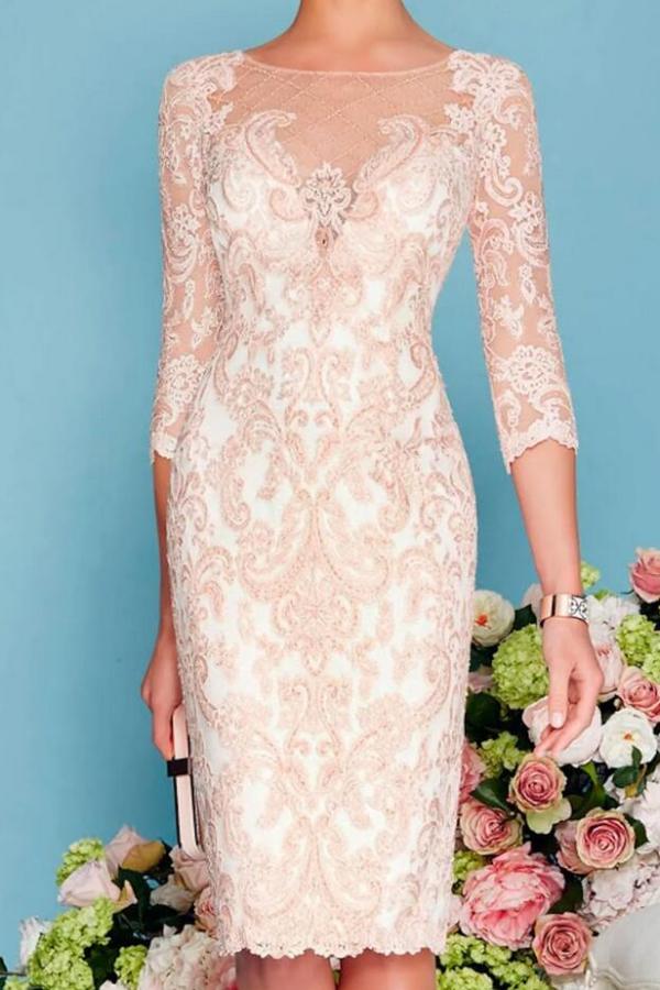 Knee Length Two Piece Sheath / Column Mother of the Bride Dress with Chiffon Lace and 3/4 Length Sleeve 2