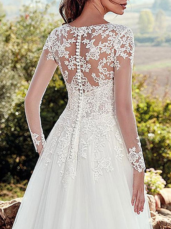 A-line V-neck Long Sleeves Court Train Lace Wedding Gown With Buttons 4