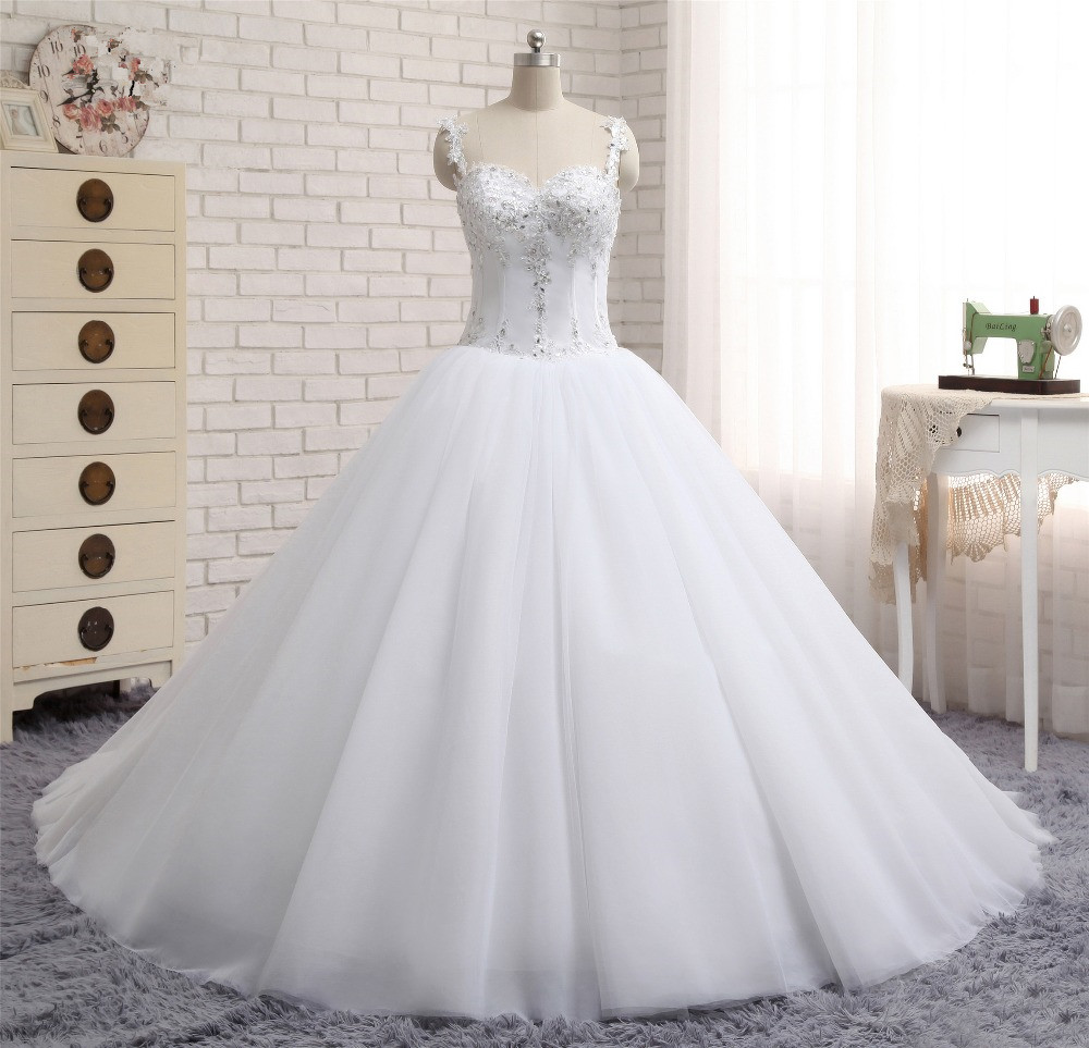 A-line Straps Sleeveless Court Train Tulle Wedding Dress With Appliques 6