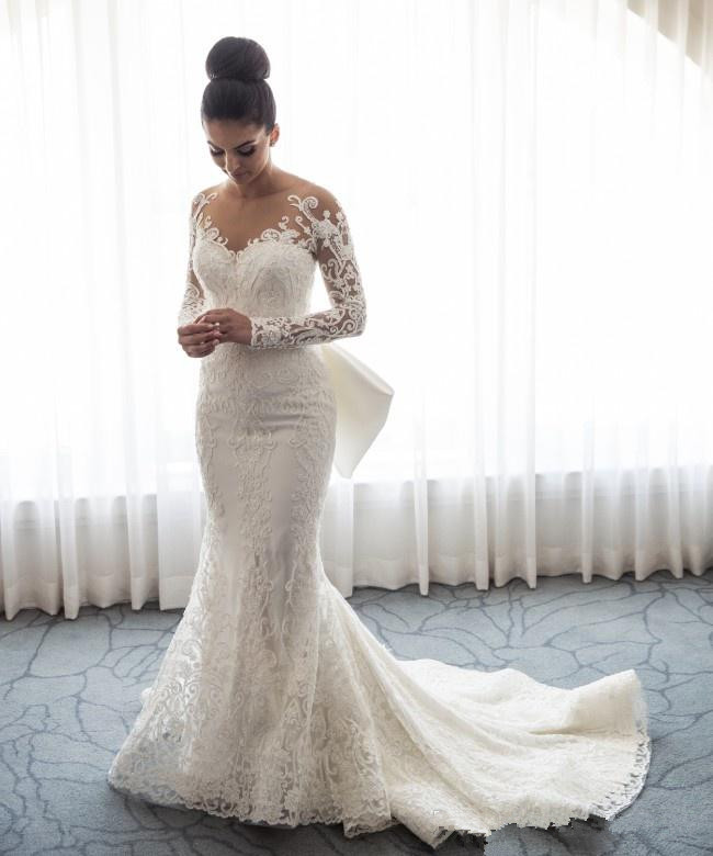 Mermaid Long Sleeves Chapel Train Lace Wedding Gown With Lace 2