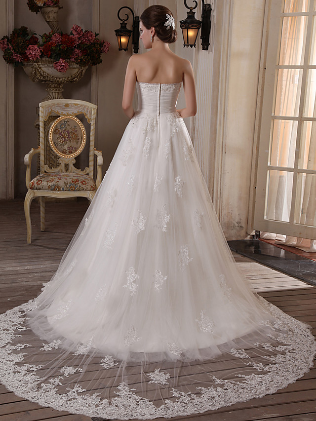 A-line Strapless Sleeveless Tulle Wedding Dress With Chapel Train 3