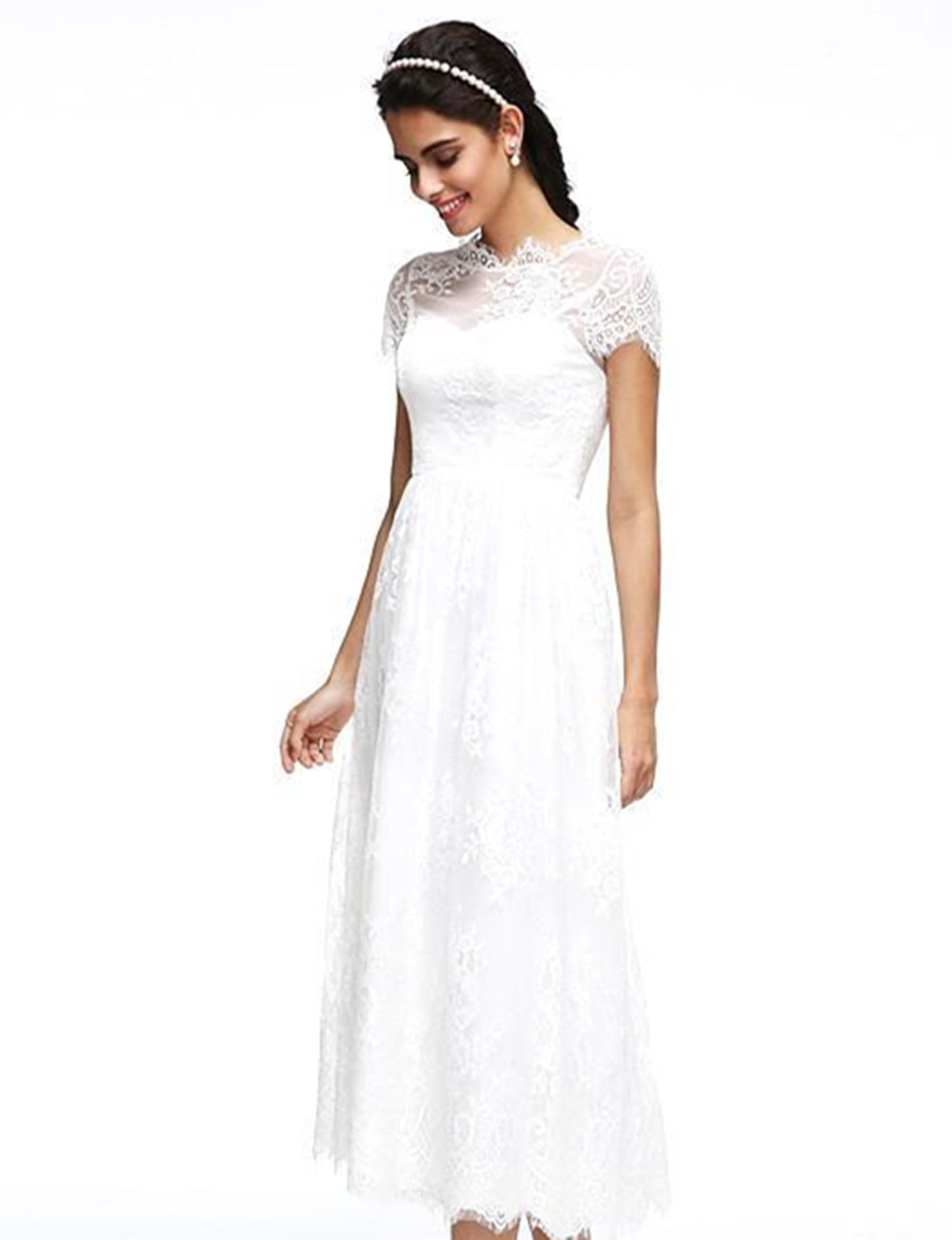 A-line Strapless Short Sleeves Tea-length 100D Chiffon Wedding Gown With Lace 6