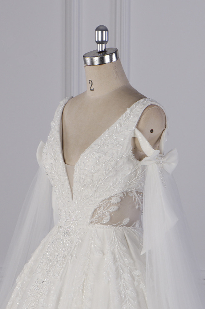 Ball Gown V-neck Sleeveless Floor-length Tulle Wedding Dress With Lace 5