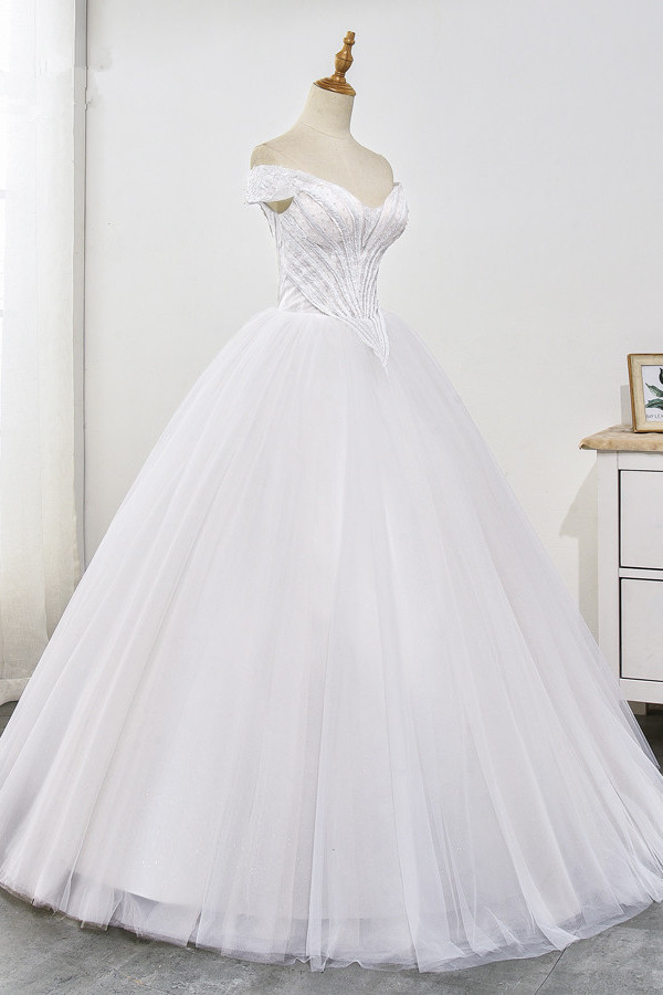 Ball Gown Off-the-shoulder Sweetheart Neck Sleeveless Floor-length Tulle Bridal Dress With Ruffles 3