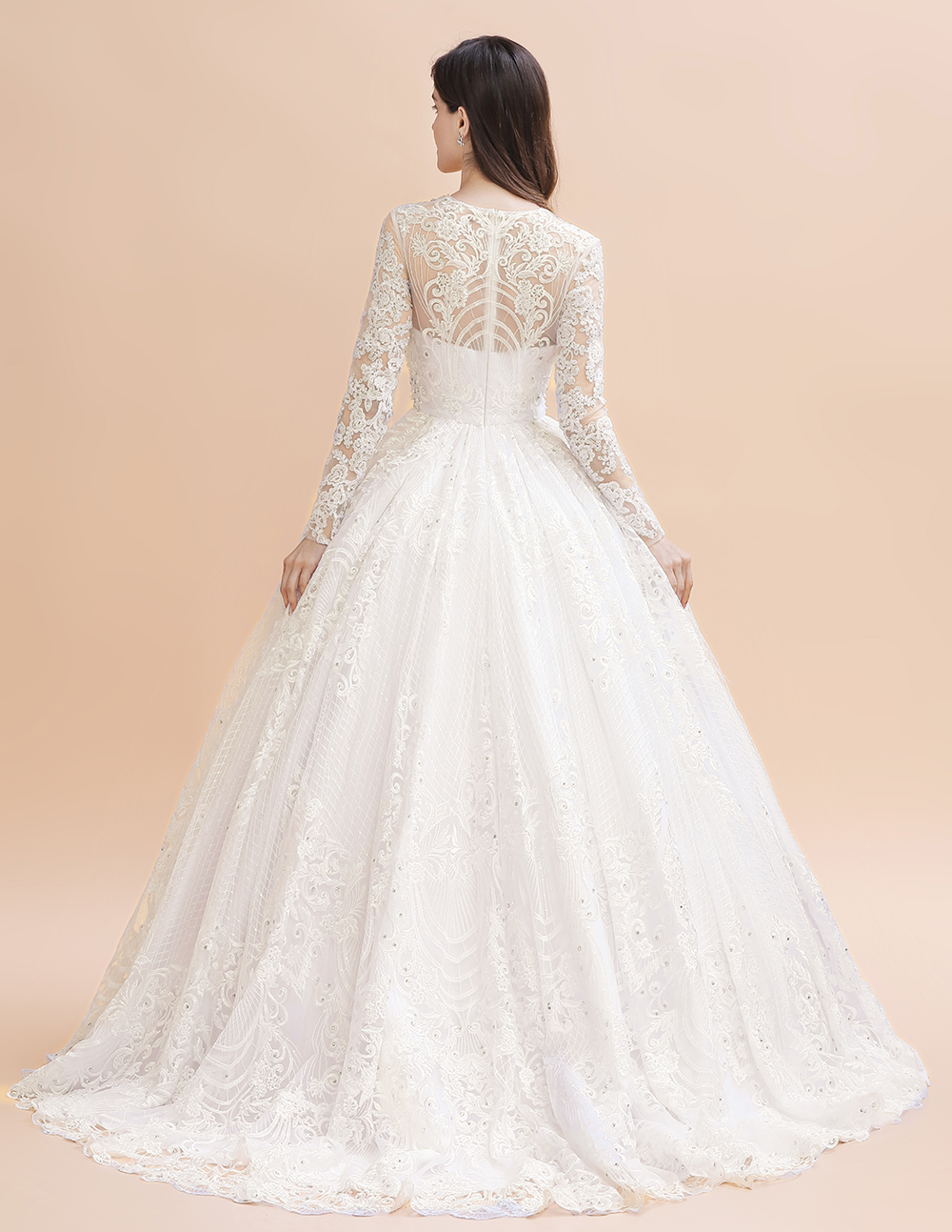 A-line Jewel Neck Long Sleeves Court Train Tulle Wedding Gown With Beading 5