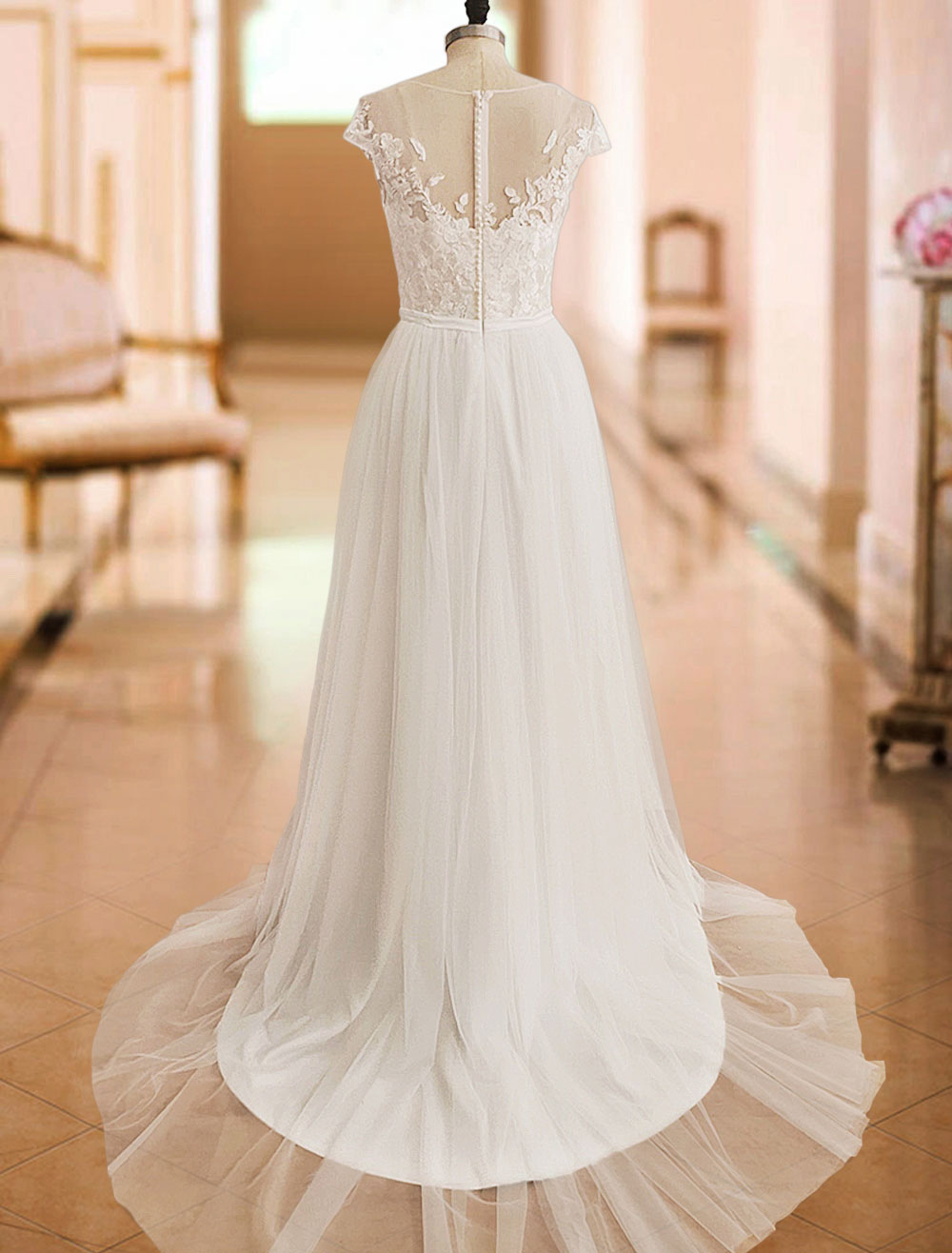 A-line Off-the-shoulder Short Sleeves Court Train Lace Wedding Gown With Lace 4
