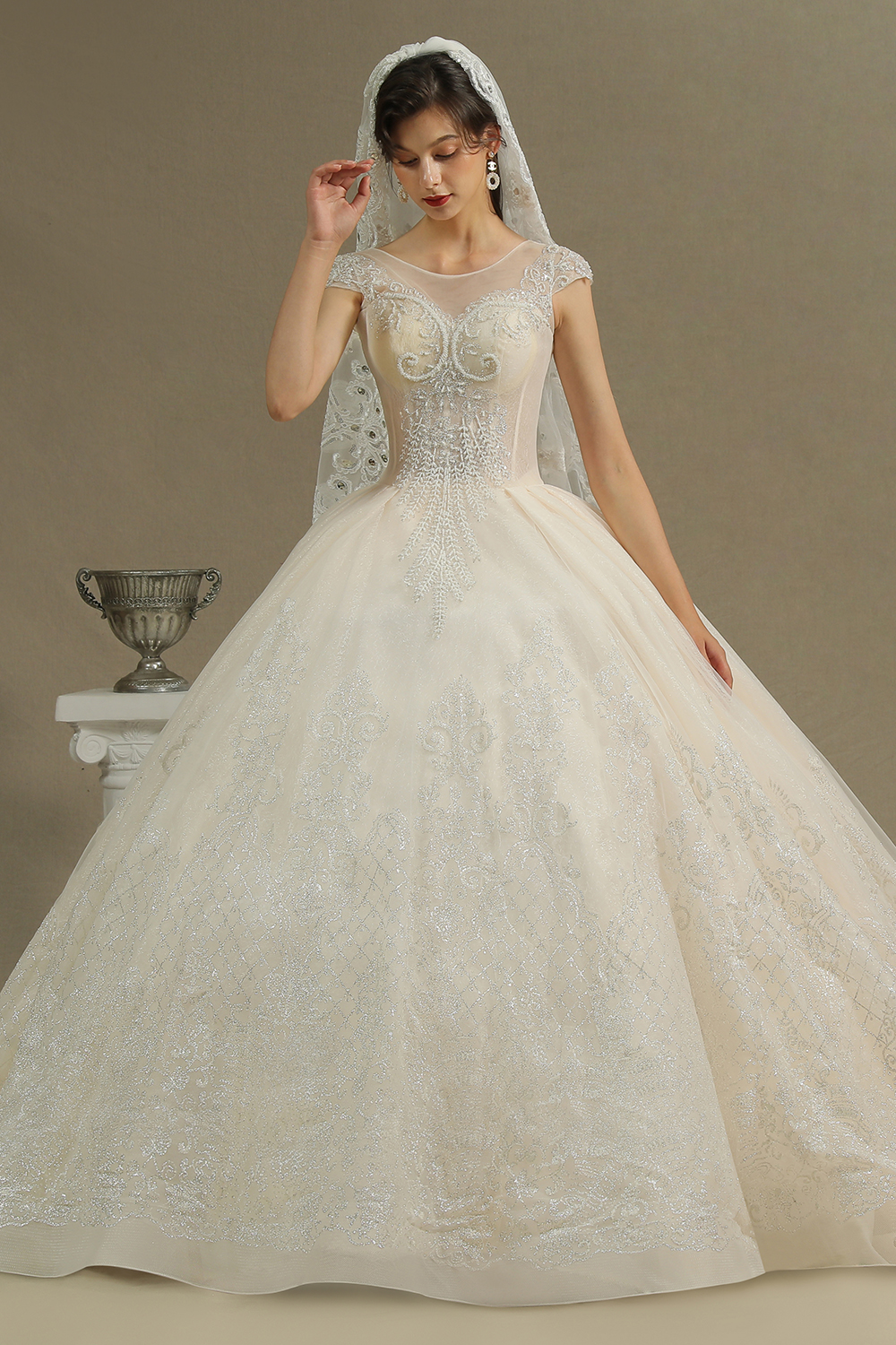 A-line Jewel Neck Sleeveless Cathedral Train Tulle Bridal Gown With Lace 5